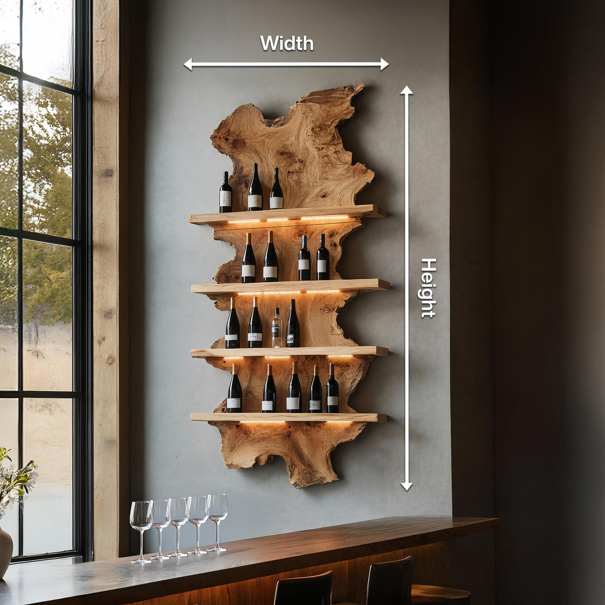 Mid Century Live Edge Wooden Wine Holder, Handcrafted Solid Wood Bottle Display Stand for Bar
