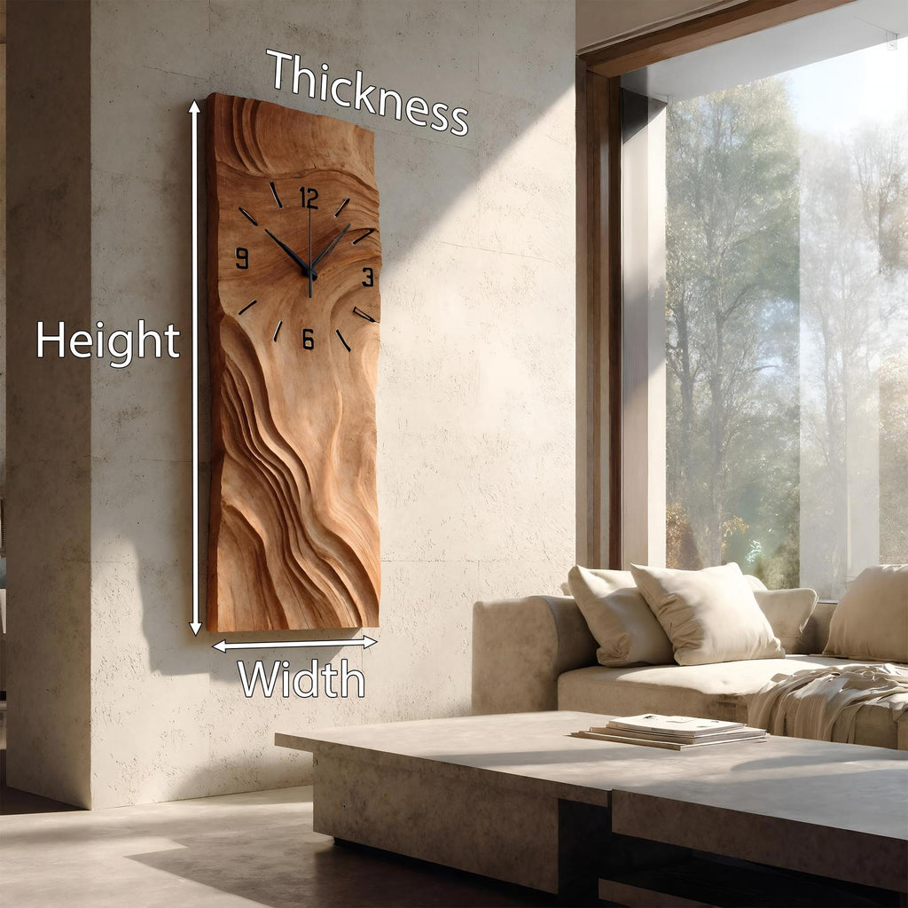 Organic Vertical Sculptural Wall Clock, Handcrafted Modern Wood Hanging Timepiece for Living Room