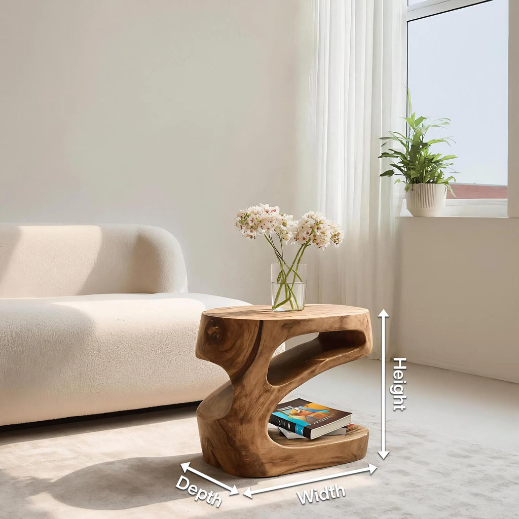 Artistic Side Table with Storage Shelf, Handcrafted Solid Wood End Table & Nightstand for Living Room, Model