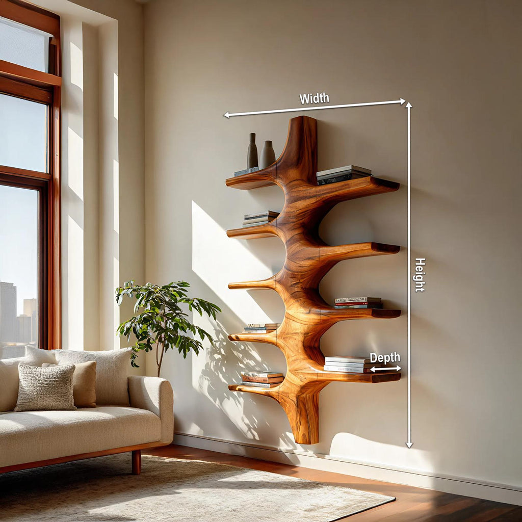 Sculptural Wood Wall Mounted Bookshelf, Handcrafted Floating Bookshelf for Modern Living Room & Bedroom Decor