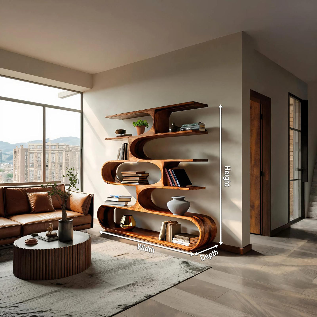 Artistic Curved Bookcase, Handcrafted Wood Bookshelf with Sculptural Design for Modern Living Room Decor