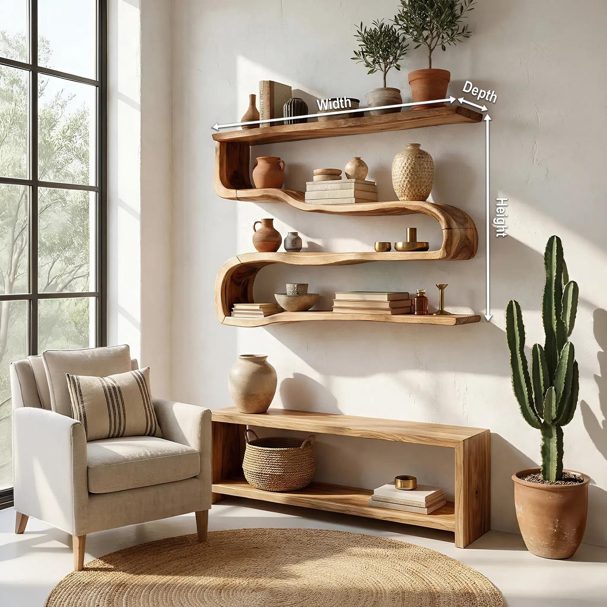 Modern Wooden Shelving Unit, Handcrafted Solid Wood Floating Wall Bookshelf & Display Rack for Living Room Storage Organizer