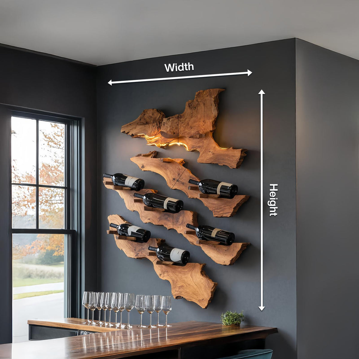 Handcrafted Live Edge Wooden Wine Holder, Rustic Solid Wood Bottle Storage Rack for Bar Decor
