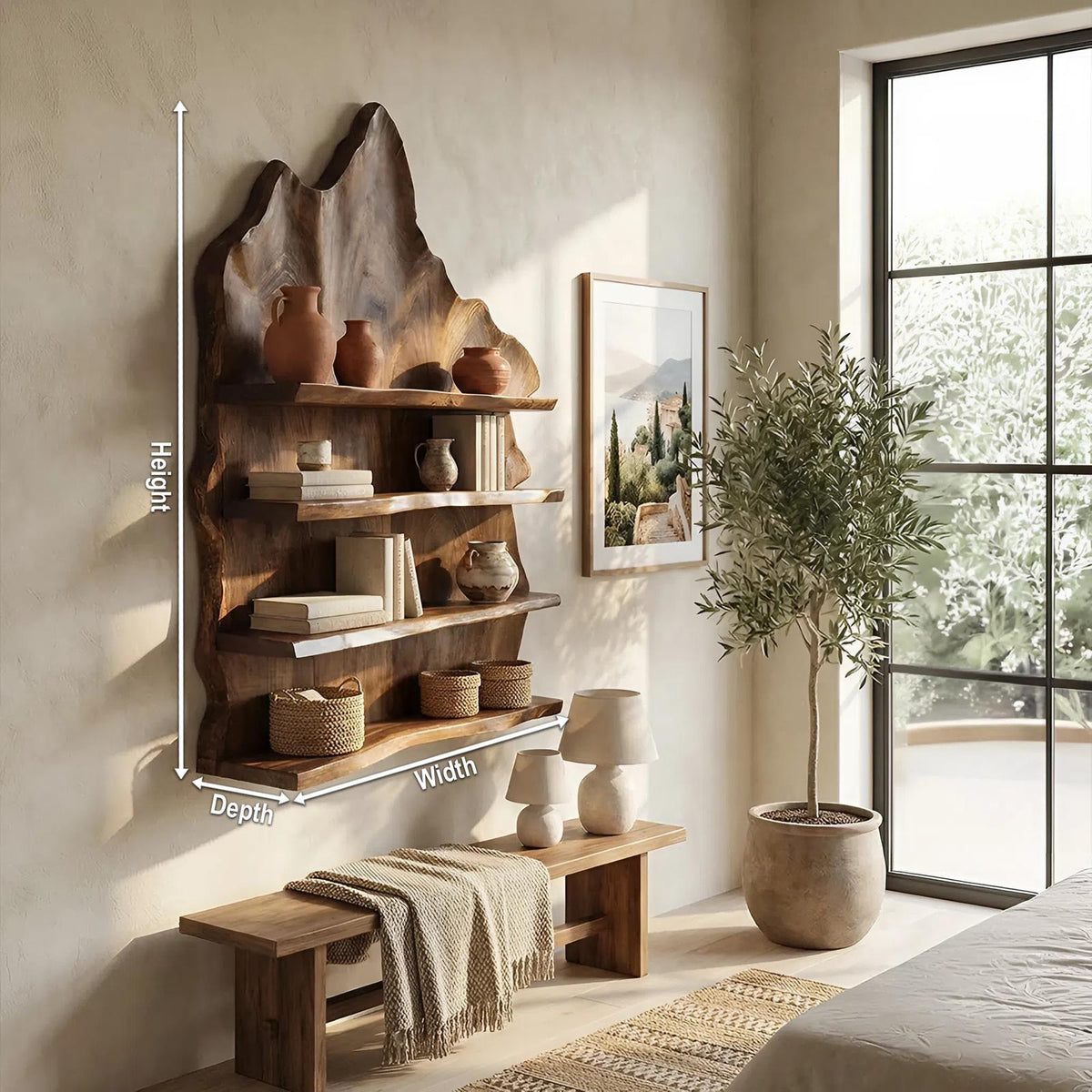 Industrial Live Edge Floating Shelf, Rustic Solid Wood Wall Mounted Storage Rack for Living Room