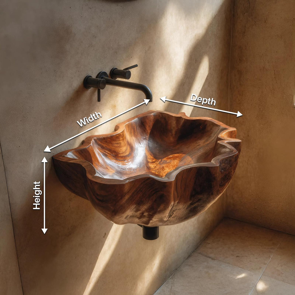 Mid Century Live Edge Wooden Vessel Sink, Rustic Solid Wood Bathroom Wash Basin for Vanity Top