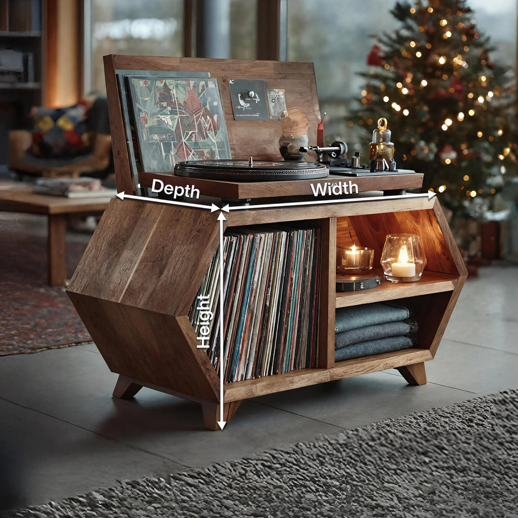 Handcrafted Wooden Record Stand, Rustic LP Vinyl Storage Shelf Organizer Cabinet for Bedroom Holiday Home Decor