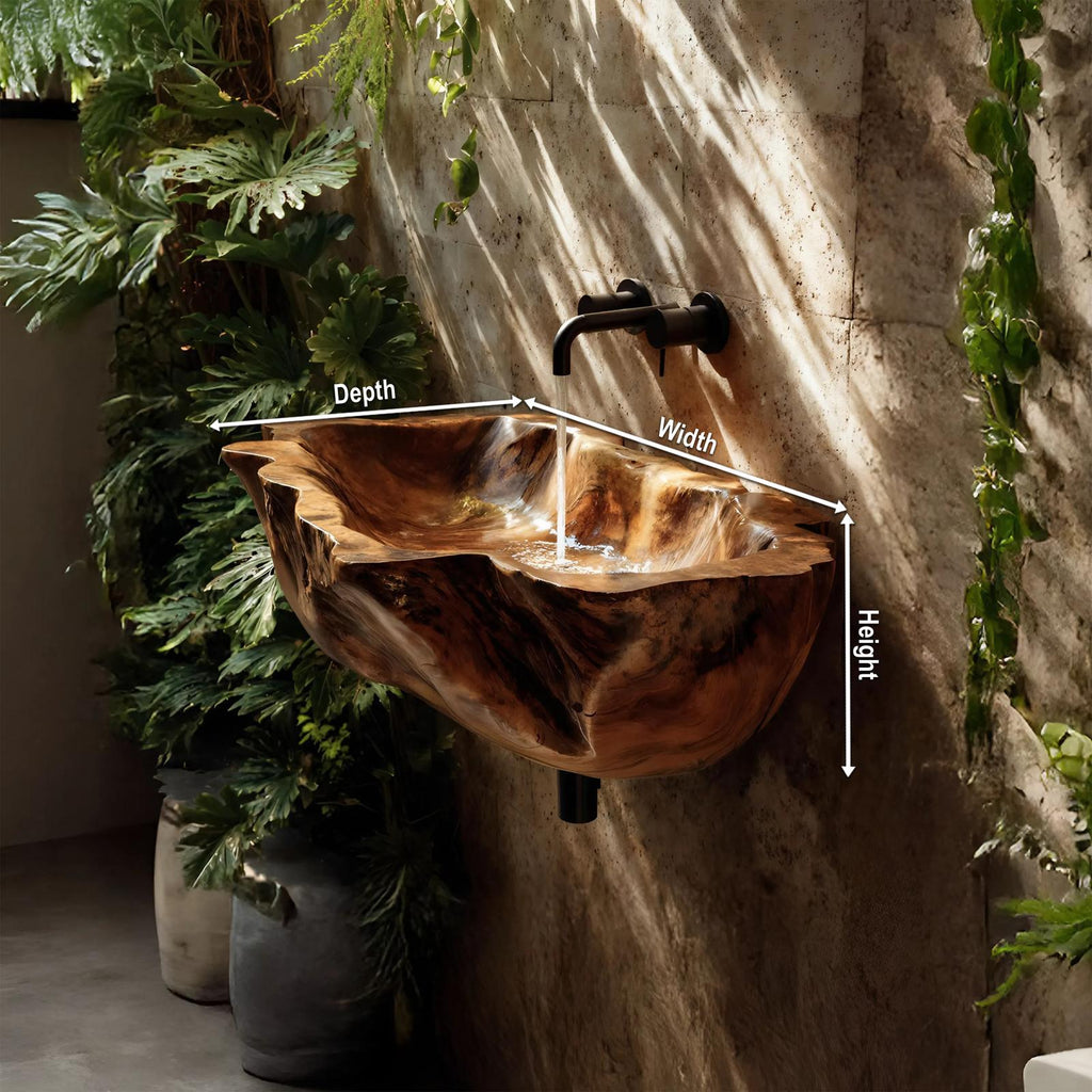 Farmhouse Solid Wood Vessel Sink, Rustic Natural Wooden Wash Basin for Bathroom & Vanity Faucet Decor
