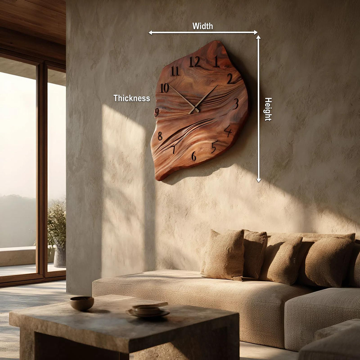 Minimalist Wall Clock, Handcrafted Organic Shape Solid Wood Decorative Timepiece for Living Room