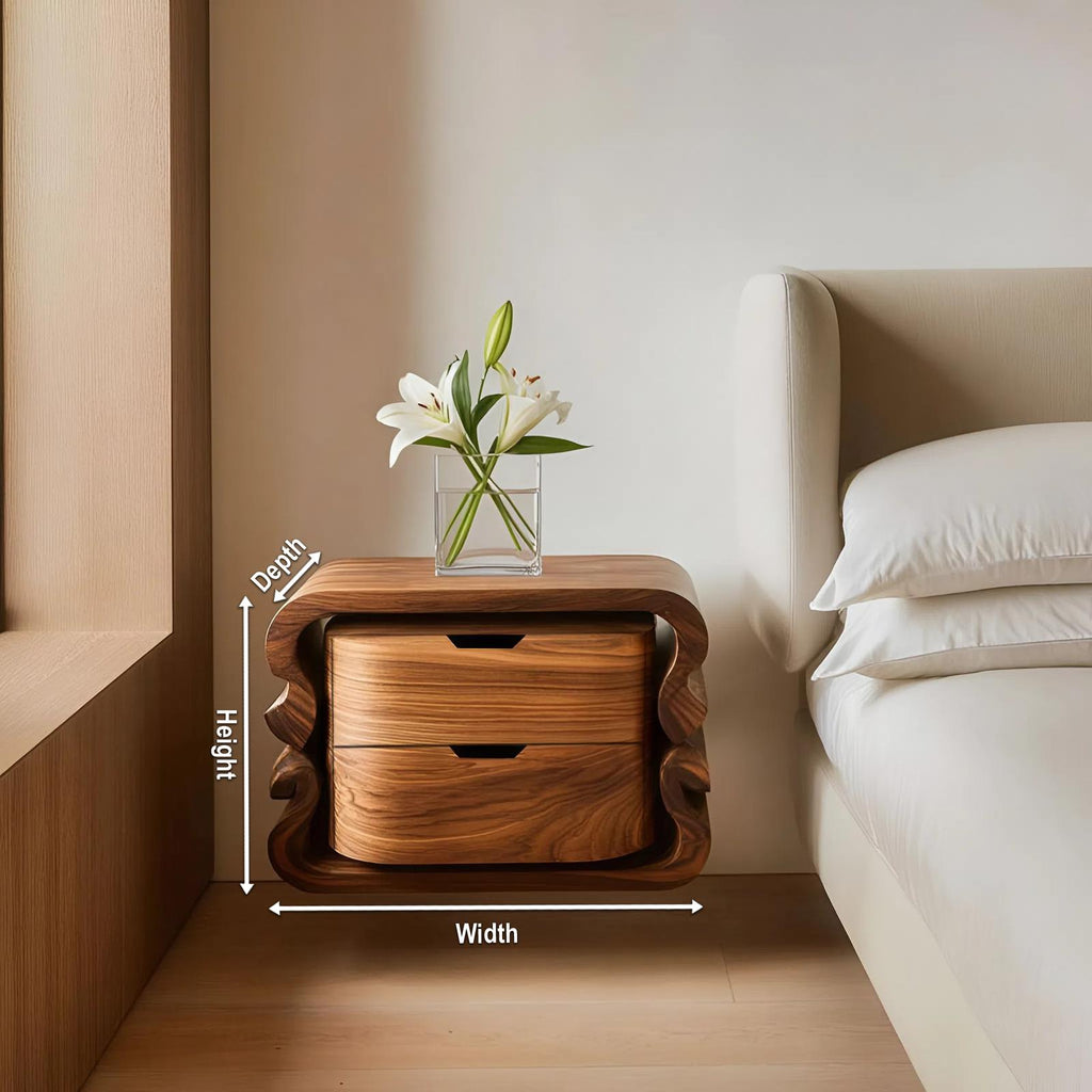 Spry Interior Sculptural Floating Nightstand, Modern Wall Mounted Wooden Bedside Table with Open Shelf, Model RTTHHNNS009