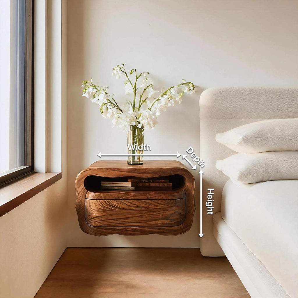 Spry Interior Modern Floating Nightstand with Soft Curves, Wall Mounted Wooden Bedside Table with Drawer, Model RTTHHNNS011