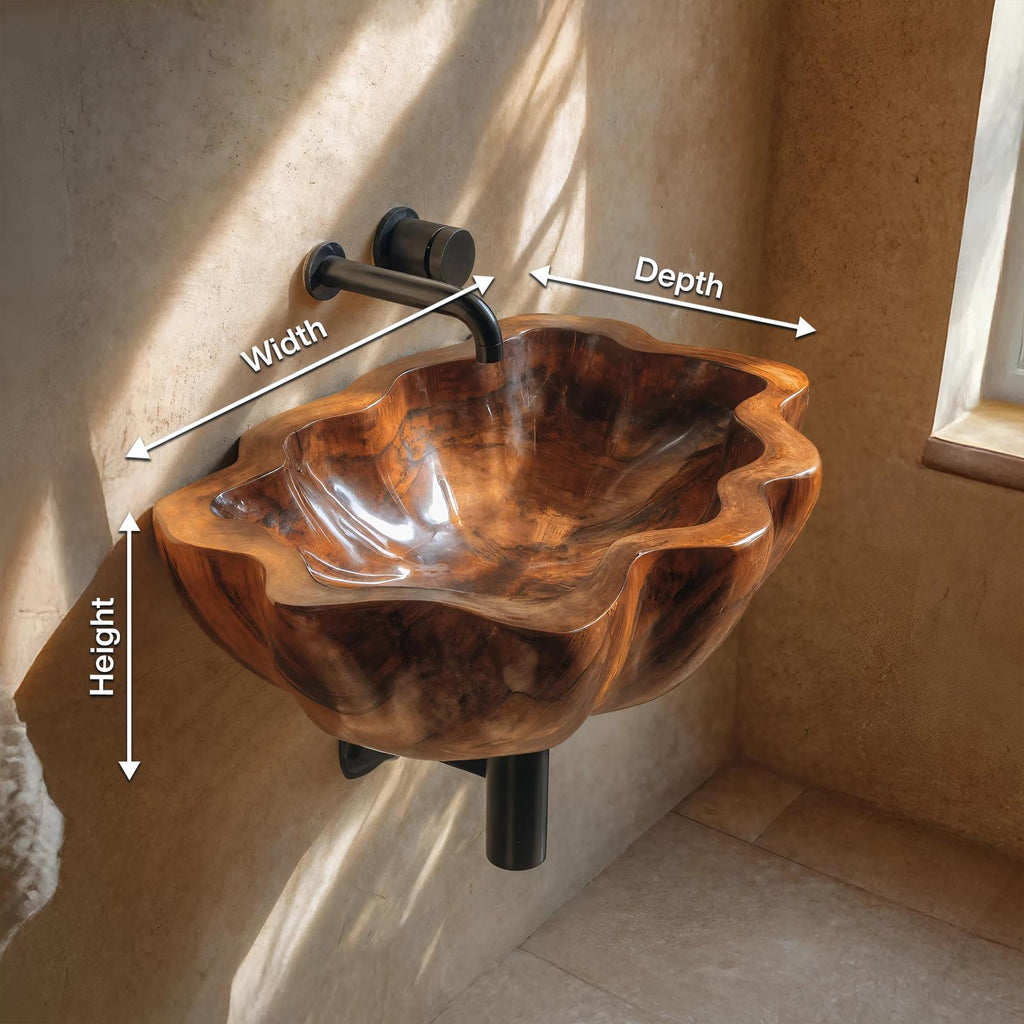 Handcrafted Solid Wood Vessel Sink, Artistic Wooden Bathroom Wash Basin for Vanity Countertops