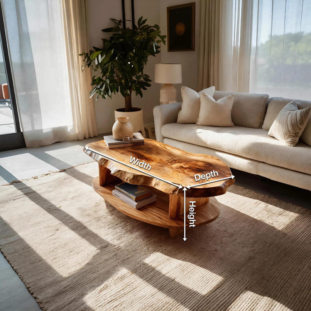 Rustic Wooden Coffee Table with Live Edge & Open Storage Shelf, Solid Wood Center Table, Model