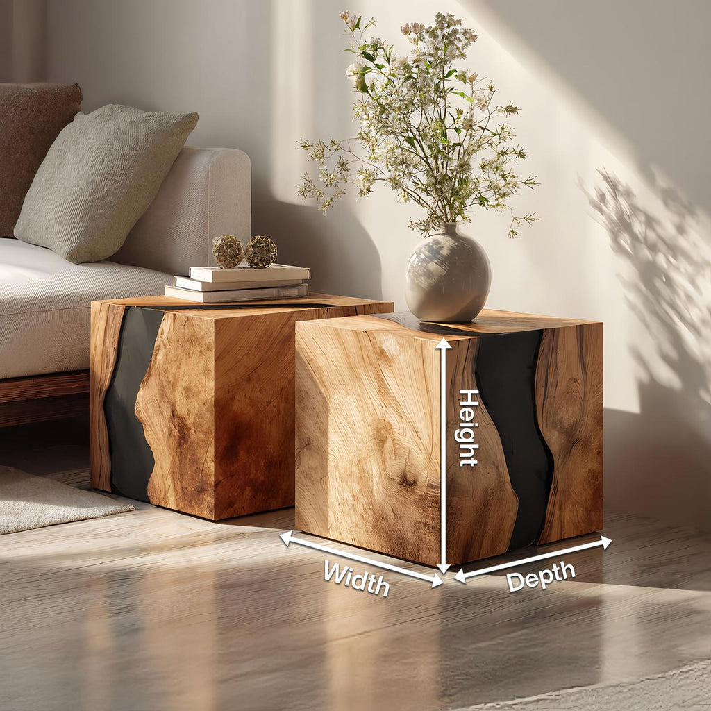 Spry Interior Handcrafted Solid Wood Cube Coffee Table, Rustic Block End Table & Bedside Nightstand for Living Room Decor, SILDTTNCF046