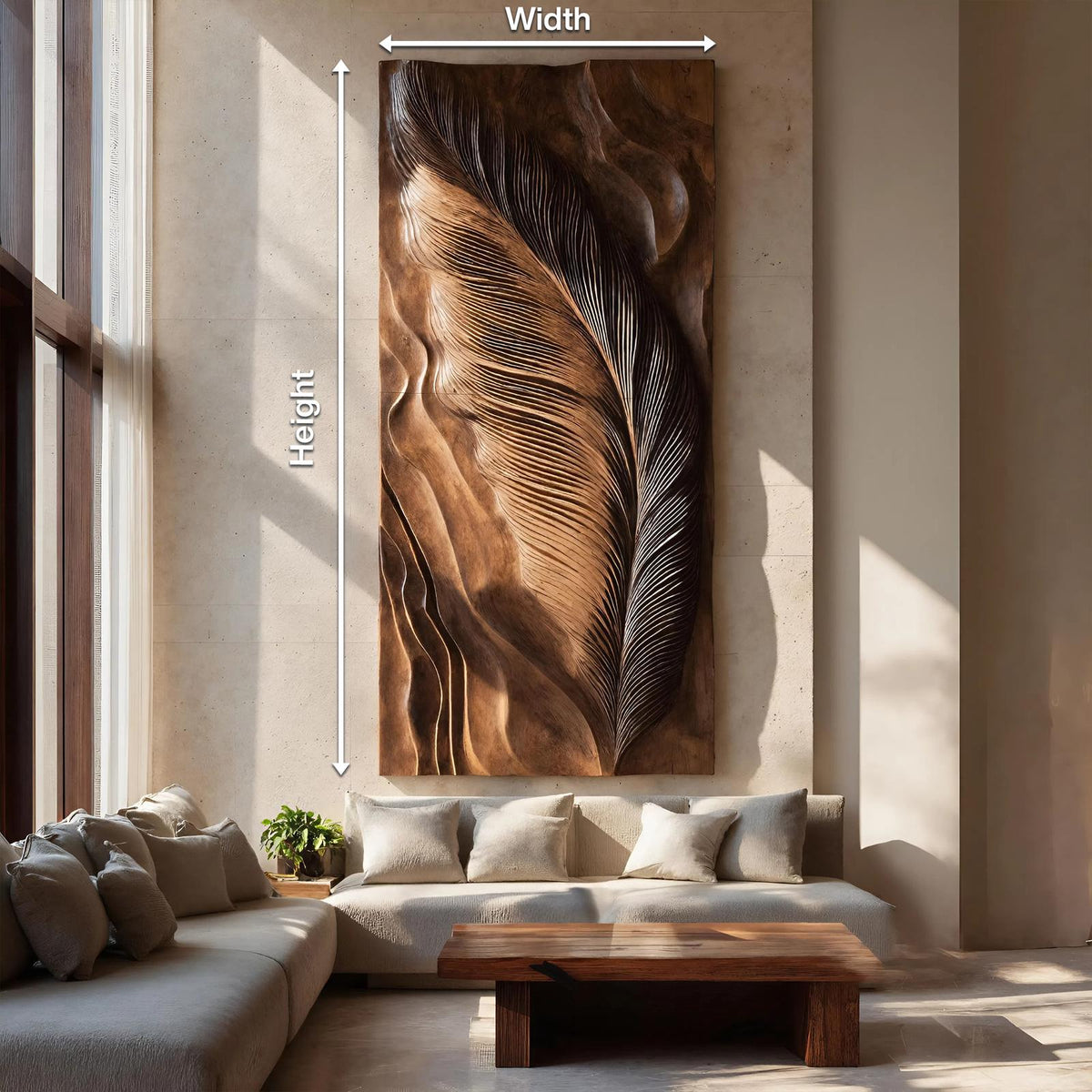 Hand-Carved Feather Wood Wall Art, 3D Natural Wooden Feather Sculpture Panel for Modern Living Room