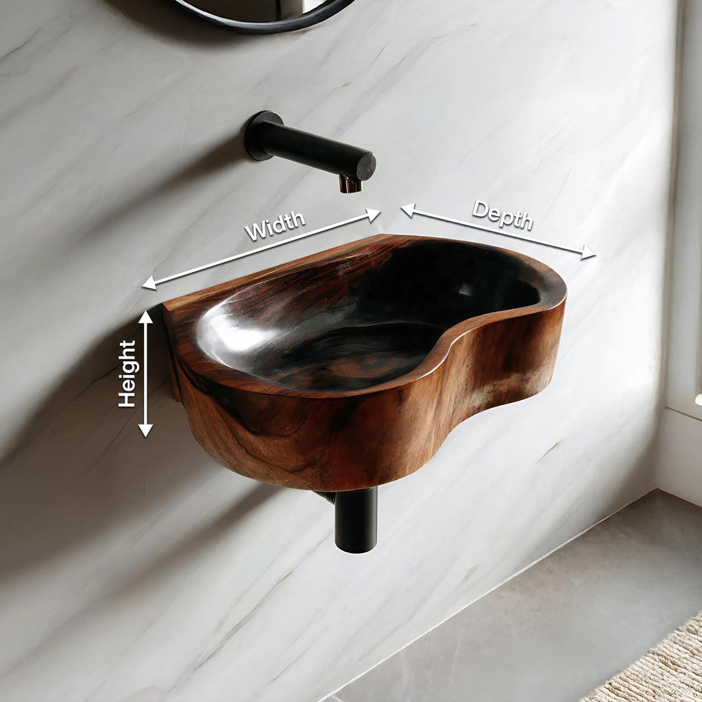 Mid Century Solid Wood Vessel Sink, Elegant Handcrafted Wooden Bathroom Wash Basin for Vanity Top