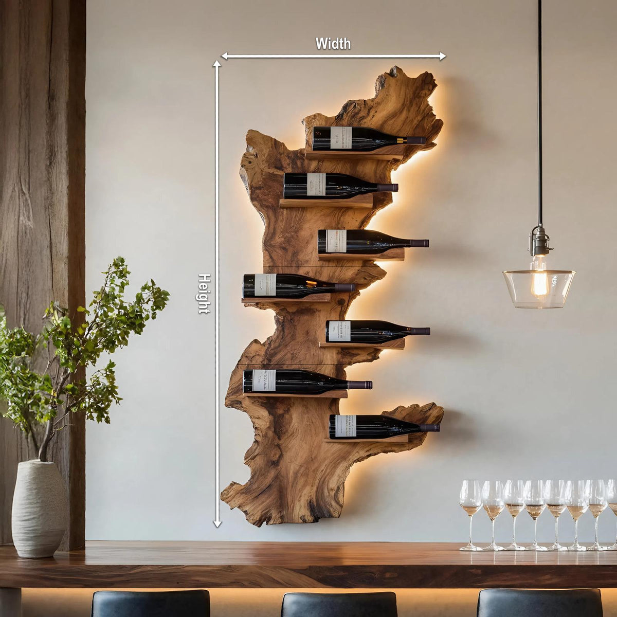 Modern Live Edge Wooden Wine Holder, Handcrafted Solid Wood Bottle Rack for Living Room Decor
