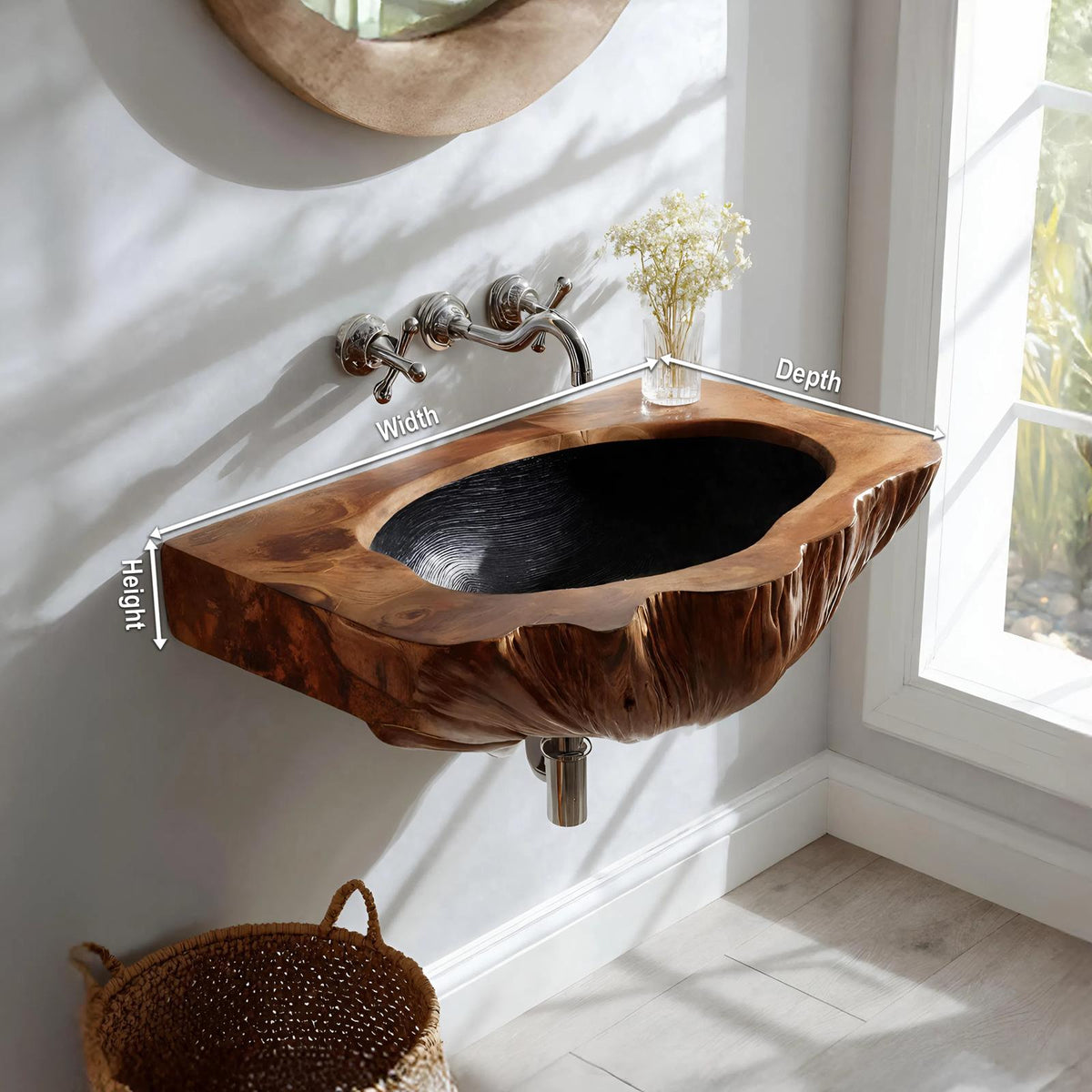 Mid Century Wall Mounted Wooden Bathroom Sink Vanity, Handcrafted Rustic Solid Wood Floating Wash Basin