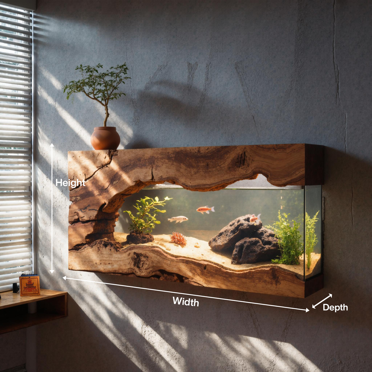 Wall Mounted Wooden Aquarium Frame, Handcrafted Floating Fish Tank Decor for Office & Living Room Wall Art