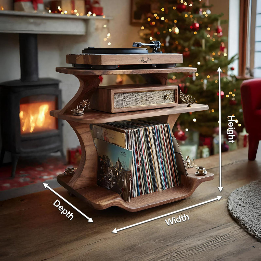 Mid Century Wooden Record Player Stand, Handcrafted LP Album Vinyl Storage Shelf for Christmas Home Decor