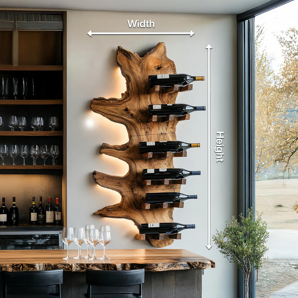 Modern Live Edge Wooden Wine Rack, Handcrafted Solid Wood Bottle Storage Holder Display Shelf