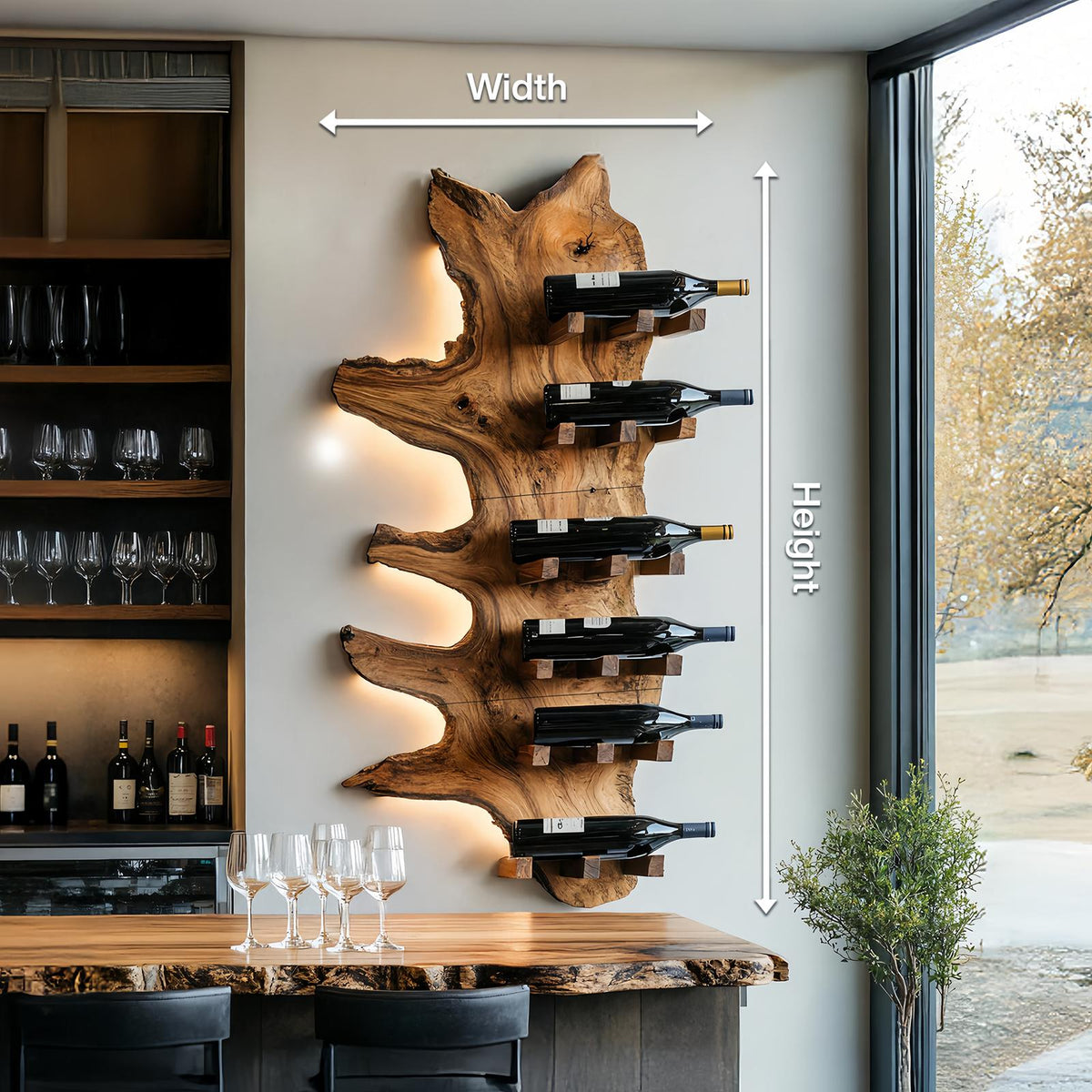 Modern Live Edge Wooden Wine Rack, Handcrafted Solid Wood Bottle Storage Holder Display Shelf
