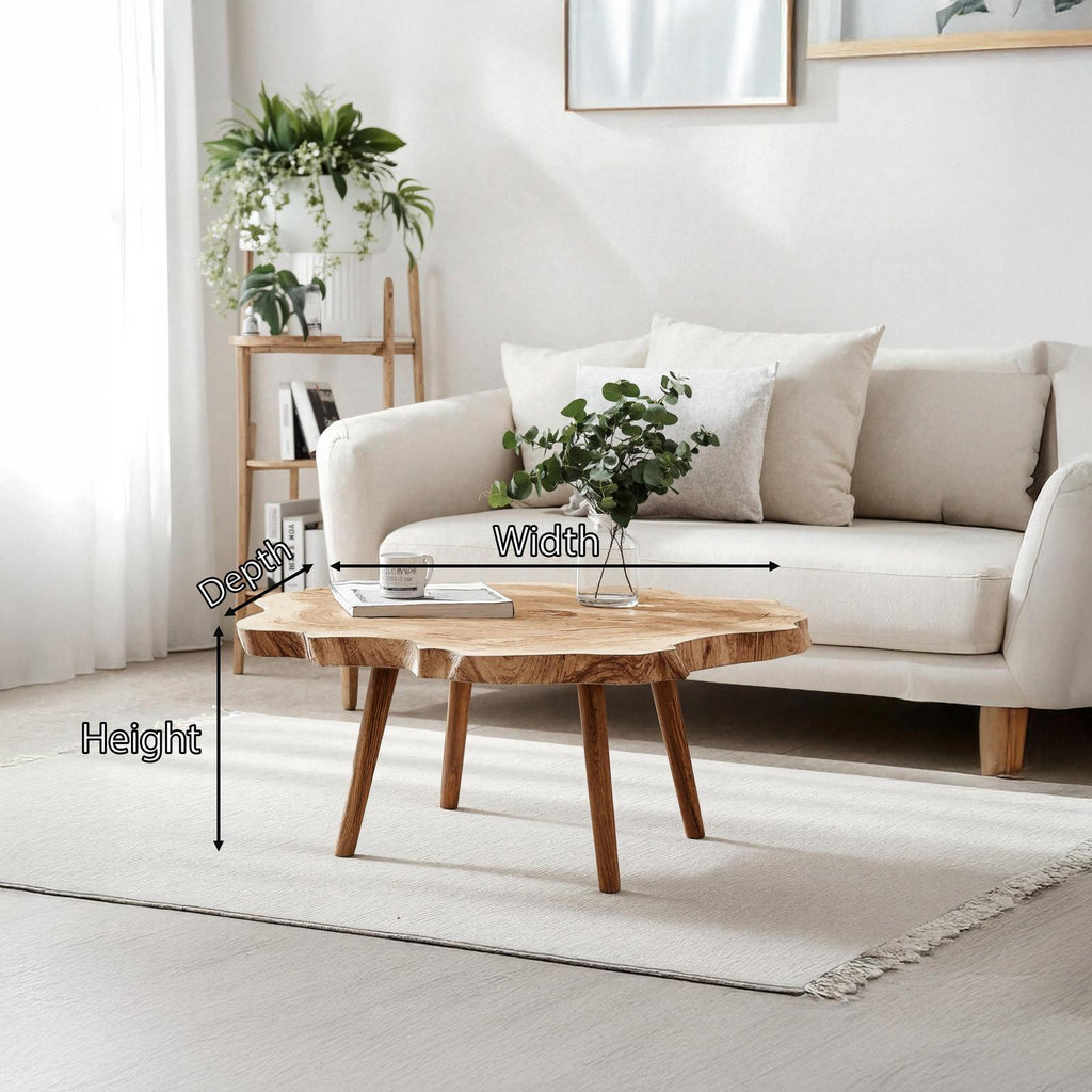 Rustic Solid Wood Coffee Table, Handcrafted Natural Slab Low Center Table for Boho Home Living Room Styling