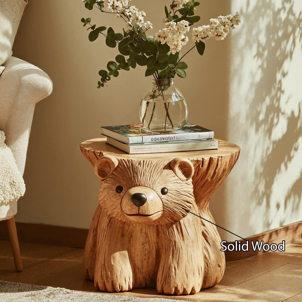 Rustic Bear End Table Wood Side Table