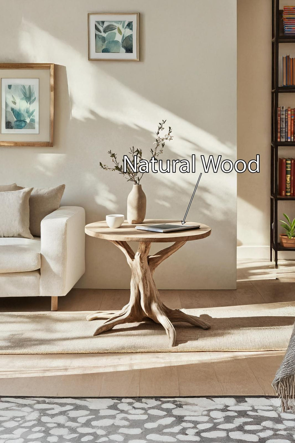 Mid Century Modern Solid Wood End Table, Round Accent Side Table for Living Room Corner Decor & Display