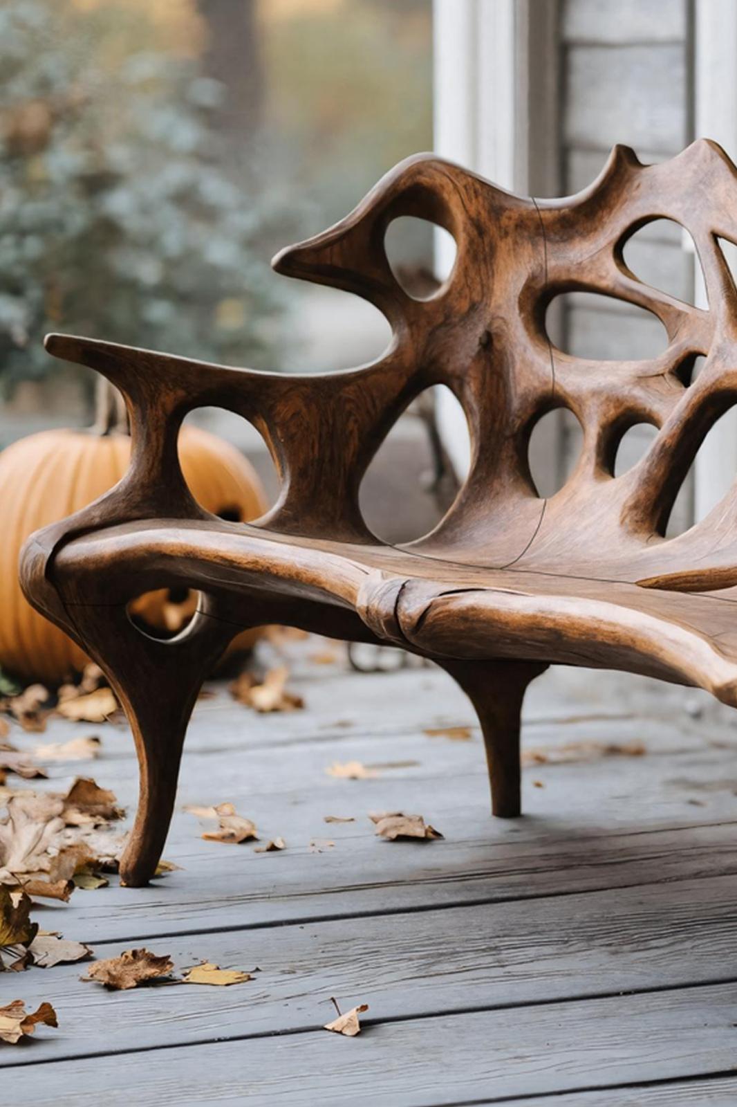Spry Interior Handcrafted Solid Wood Halloween Bench, Festive Spooky Outdoor Garden Party Bench, Gothic Carved Wood Porch Seat, SILDTTNHOB007