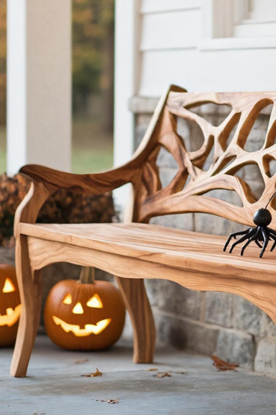 Spry Interior Handcrafted Solid Wood Halloween Bench, Spooky Carved Outdoor Garden Bench, Gothic Porch Seating, Holiday Decor, SILDTTNHOB035