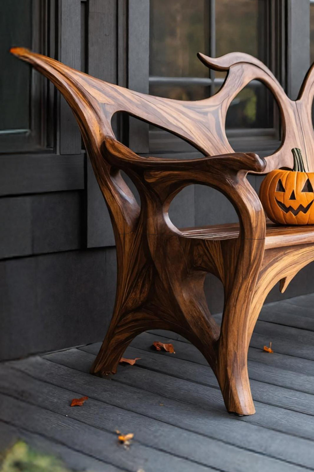 Spry Interior Farmhouse Halloween Wooden Patio Chair, Festive Outdoor Porch Seating, Gothic Carved Wood Holiday Accent Chair, SILDTTNHOB033