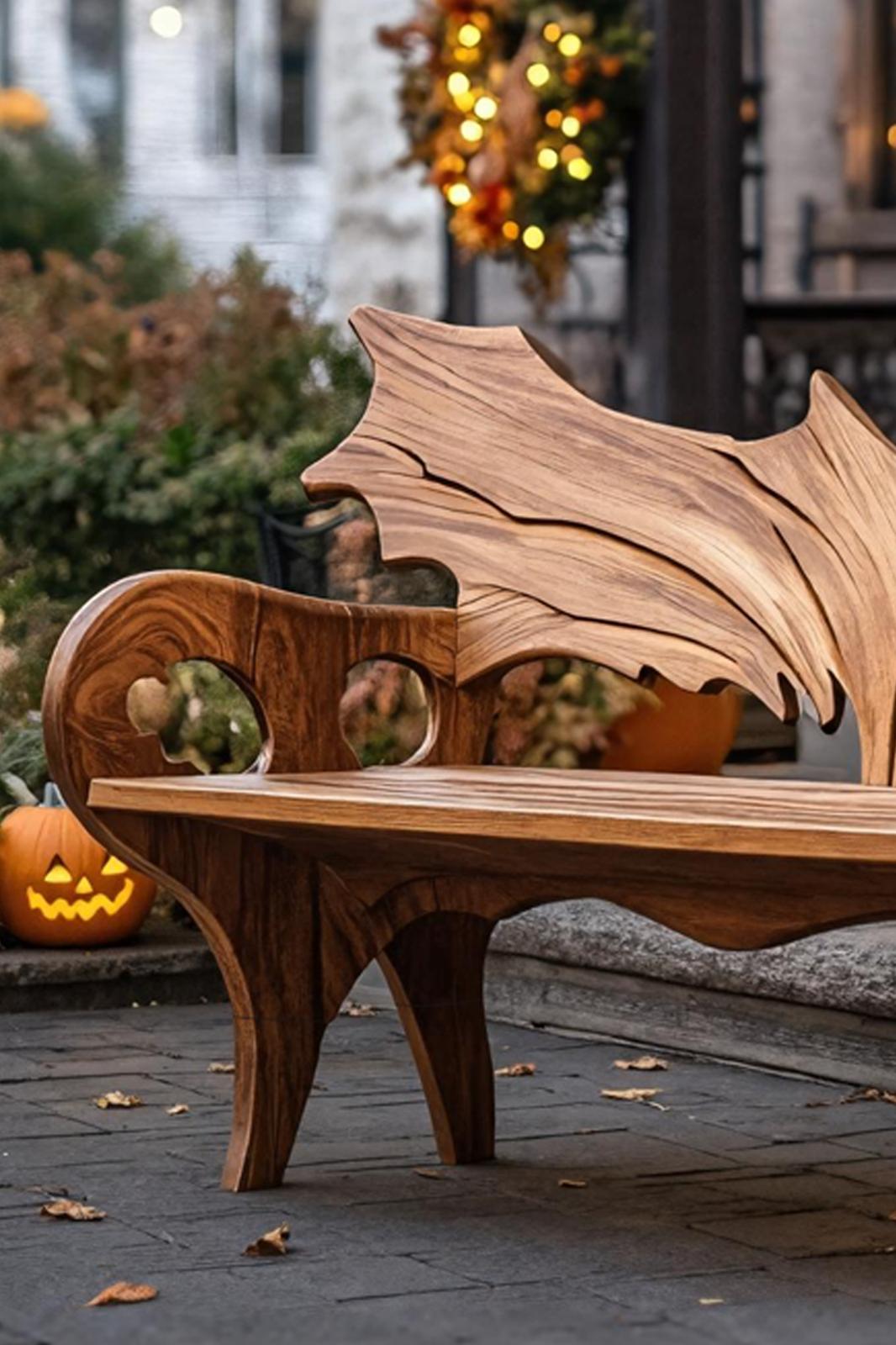 Spry Interior Farmhouse Solid Wood Halloween Bench, Festive Spooky Outdoor Garden Patio Bench, Gothic Carved Porch Seat Furniture, SILDTTNHOB017