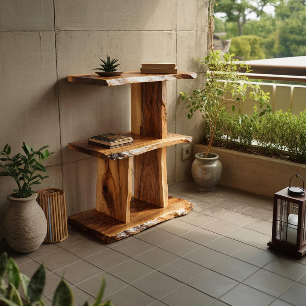 Handcrafted Live Edge Wooden Standing Shelf, Rustic Solid Wood Multi-Tier Display Rack for Bedroom Storage Decor