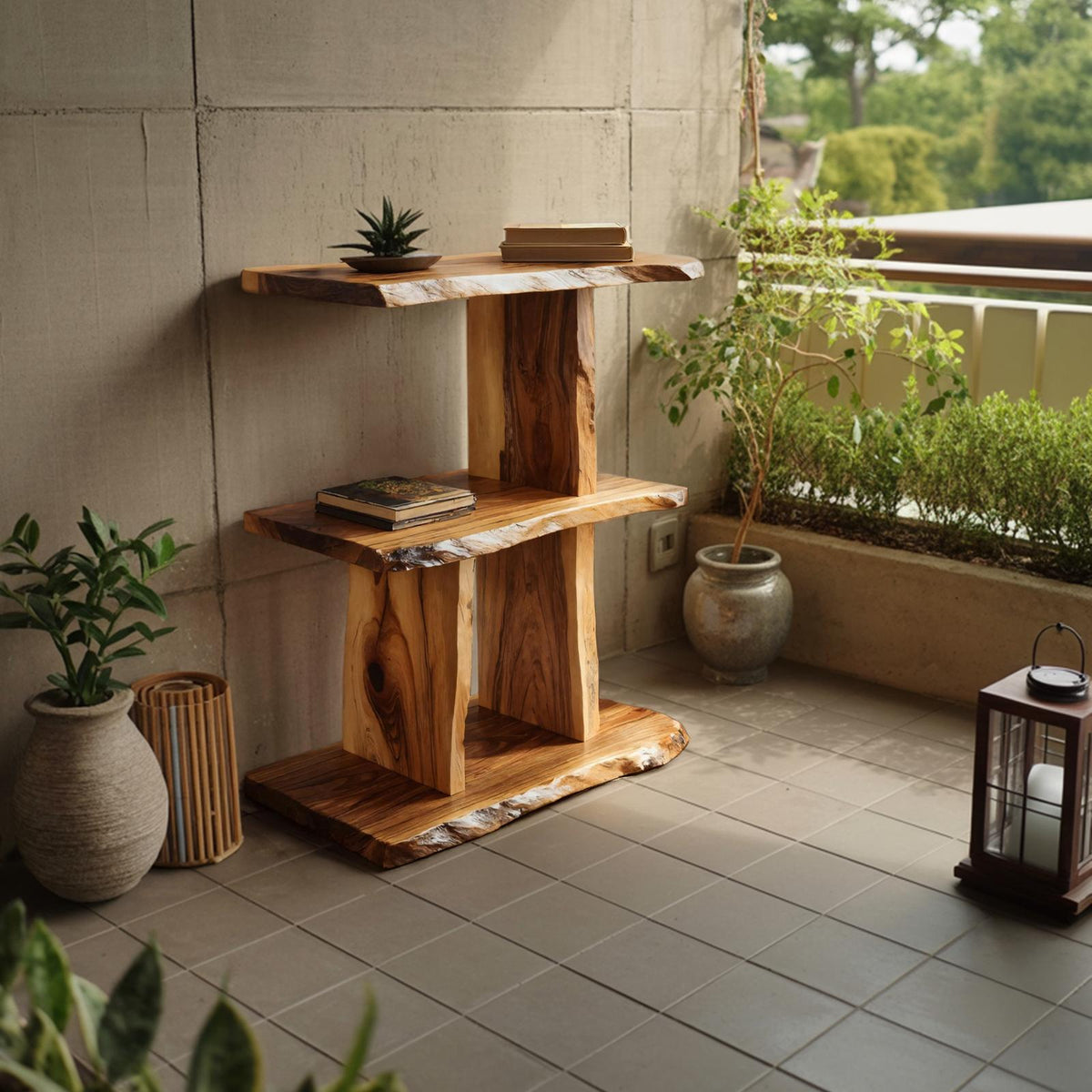 Handcrafted Live Edge Wooden Standing Shelf, Rustic Solid Wood Multi-Tier Display Rack for Bedroom Storage Decor