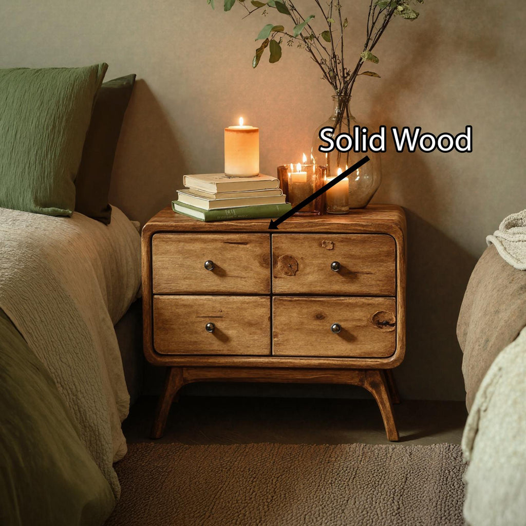 Rustic Standing Bedside Table with 4 Drawers, Solid Wood Dresser Chest Nightstand for Bedroom Organization