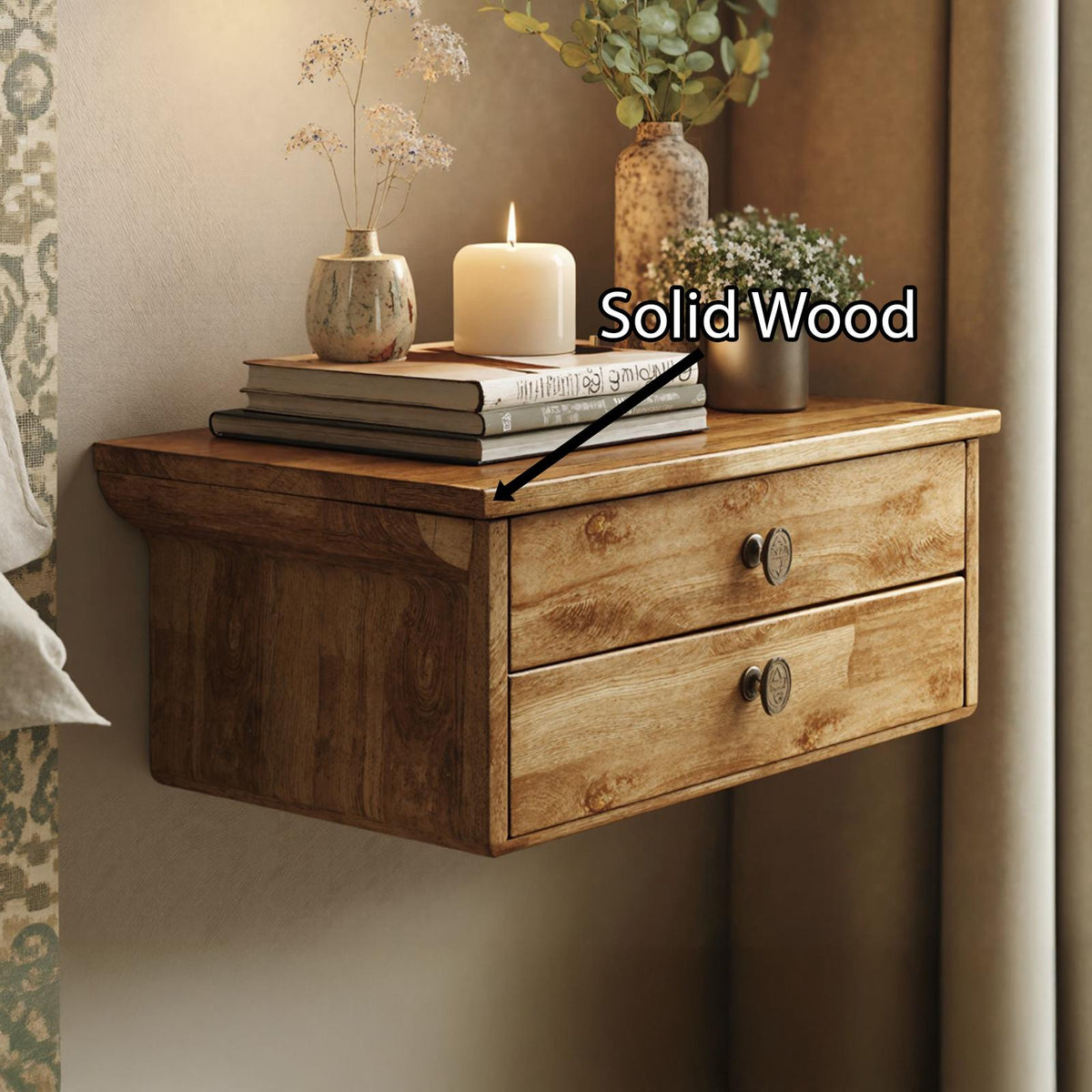 Spry Interior Solid Wood Rustic Nightstand with 2 Drawers, Handcrafted Bedside Table End Chest for Bedroom Furniture, SILDTNS005