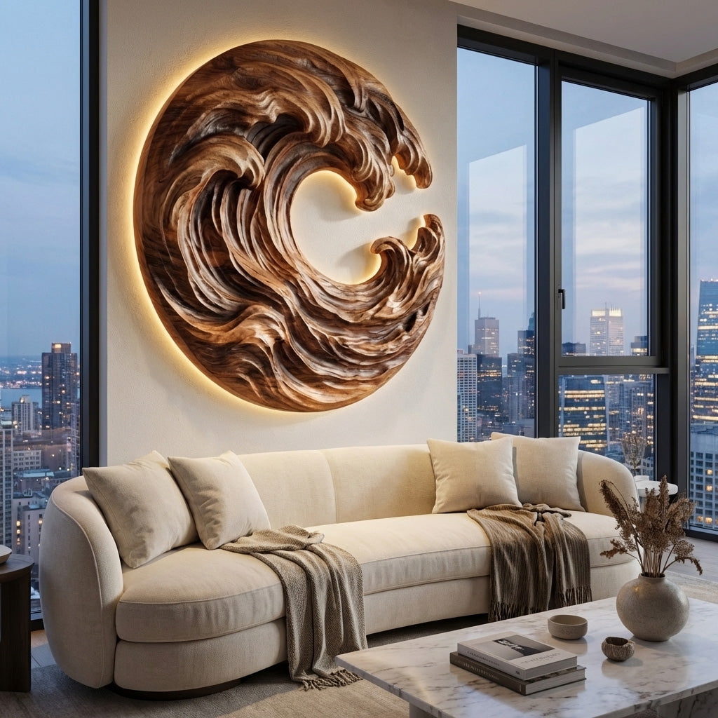 Organic Wooden Wave Wall Art, 3D Hand-Carved Ocean Wave Wood Wall Sculpture Panel for Coastal Living Room