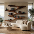 Mid Century Wooden Wall Floating Shelf, Handcrafted Solid Wood Storage Shelf for Living Room