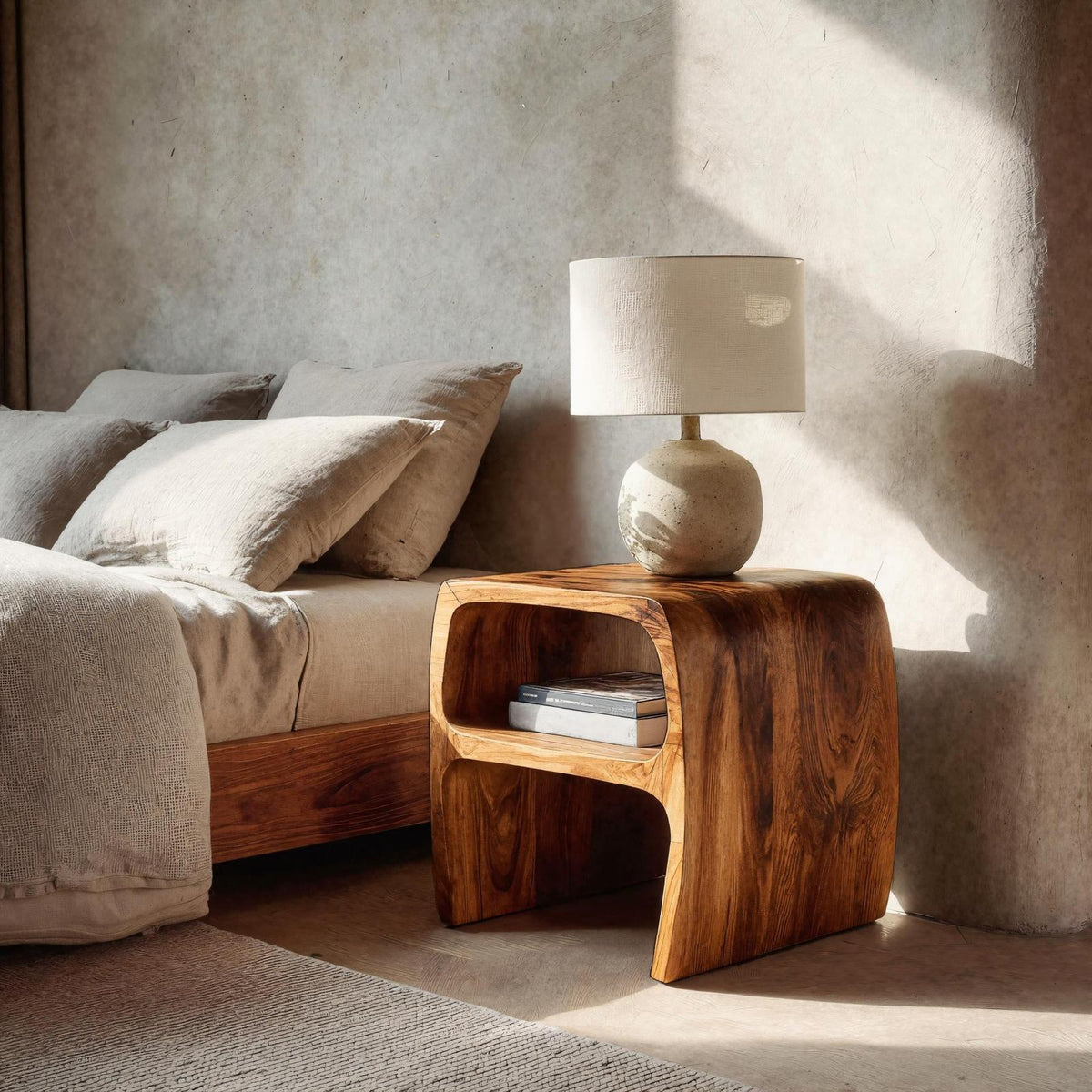 Spry Interior Modern Sculptural Wooden Nightstand with Open Storage Shelf, Unique Organic Bedside Table, Model RTTHHNNS025
