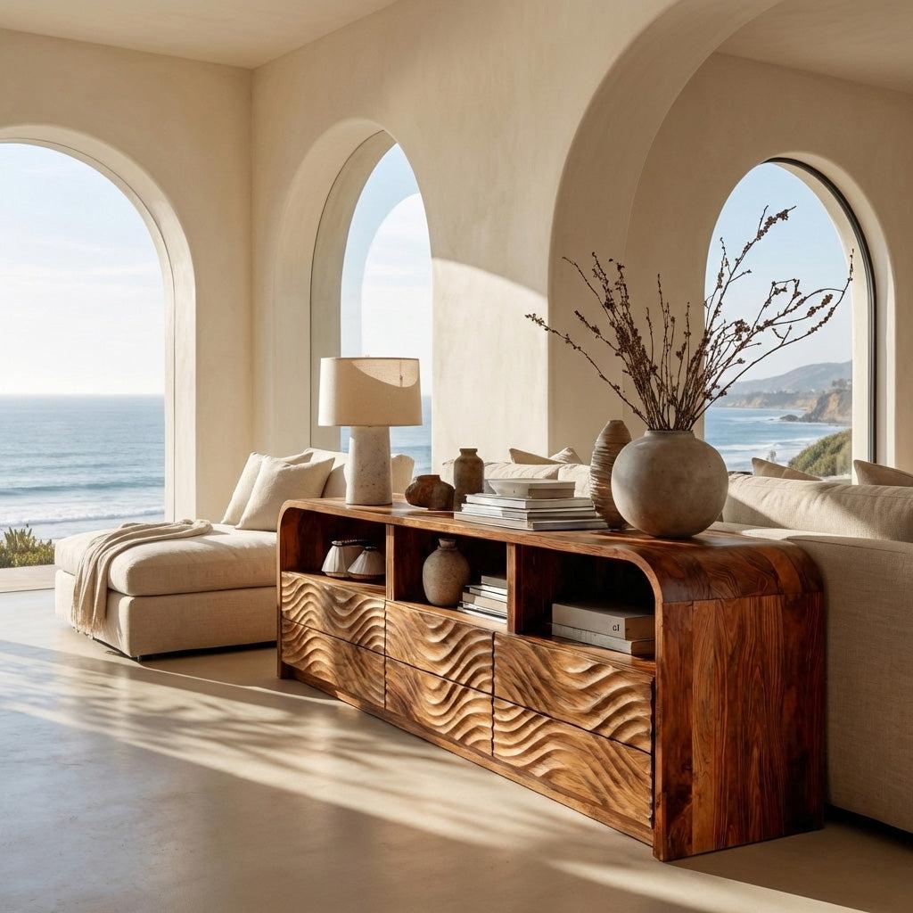 Luxury Natural Wood Sideboard, Handcrafted Solid Wood Credenza Storage Cabinet & Buffet for Living Room, Model
