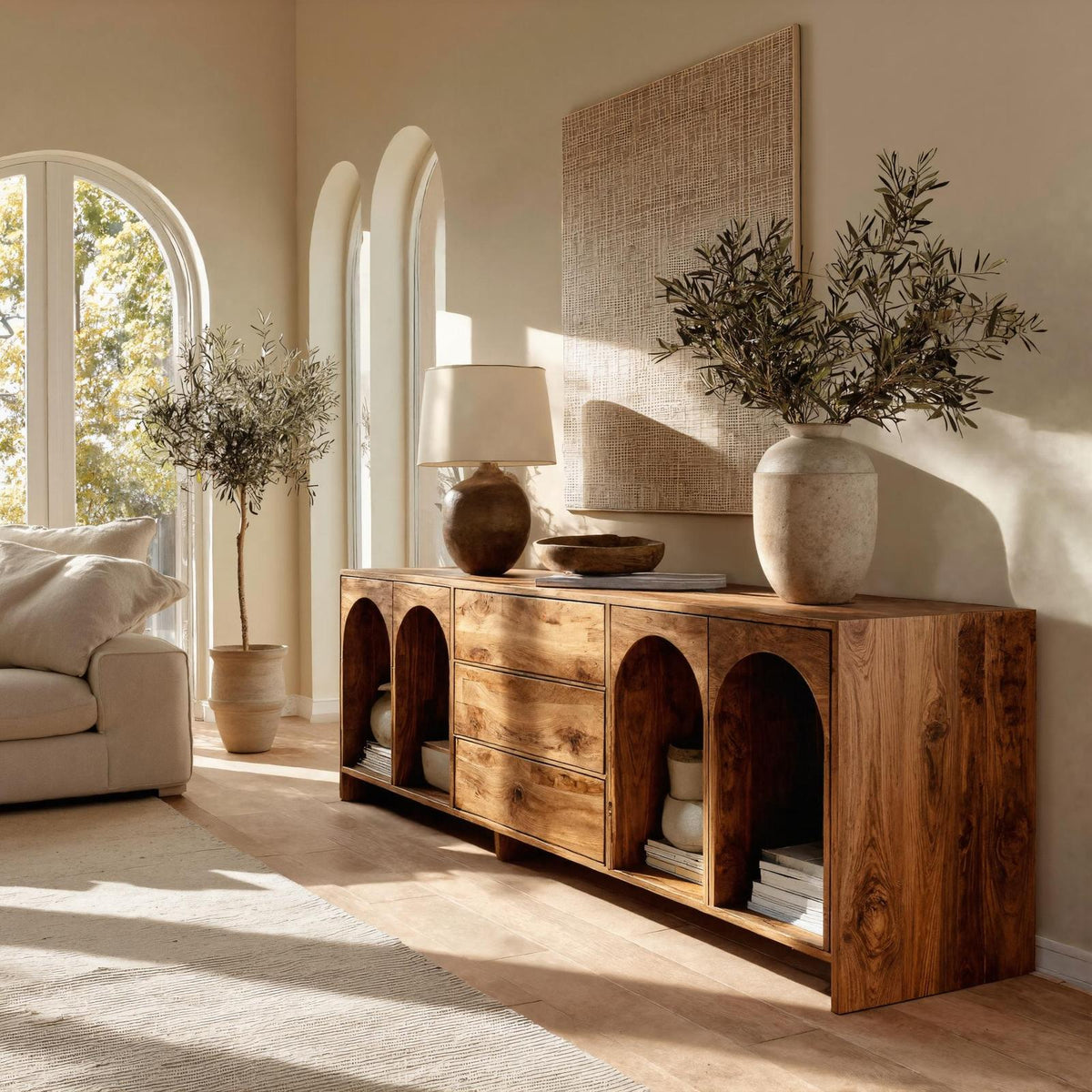 Spry Interior Modern Wooden Sideboard with Arched Compartments, Handcrafted Solid Wood Credenza Cabinet for Living Room, Model RTTHHNSD033