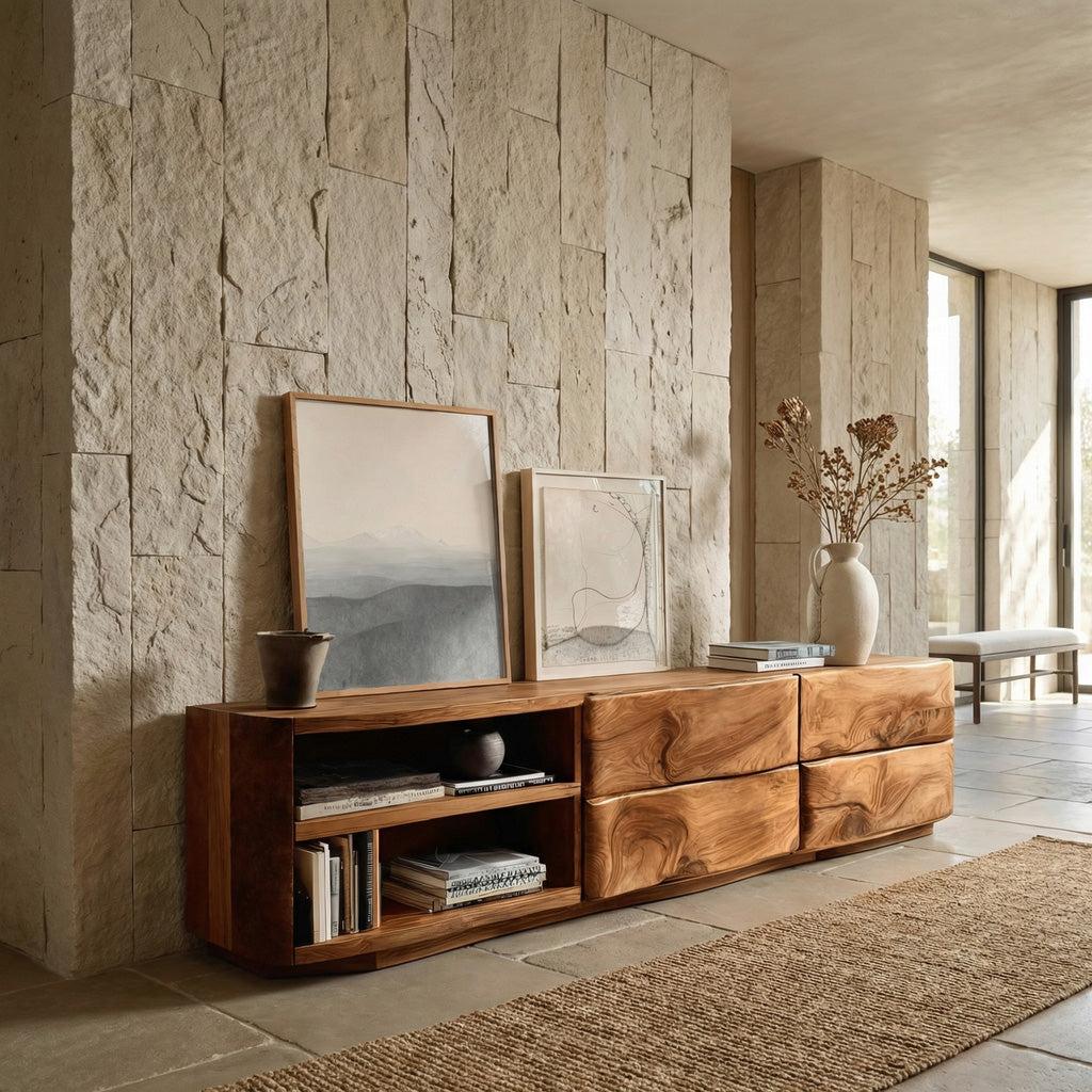 Spry Interior Quiet Luxury Low Sideboard Console, Handcrafted Wooden Storage Credenza & Media Cabinet for Living Room, Model RTTHHNSD021