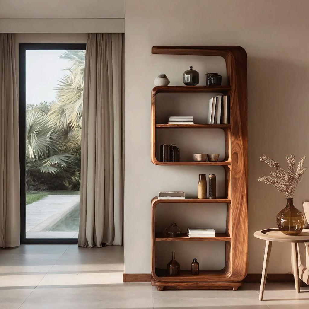 Minimalist Wooden Standing Shelf, Tiered Bookcase Storage Organizer, Sleek Modern Living Room Display Rack