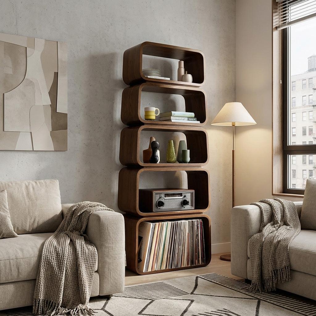 Mid-Century Wooden Standing Shelf, Tiered Bookcase Display Organizer, Retro Storage Rack for Living Room Decor