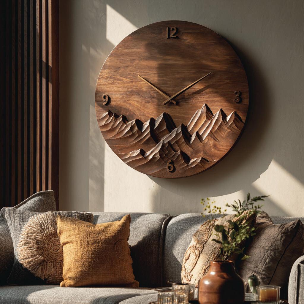 Modern Wall Clock Mountain Landscape, Handcrafted Wooden Hanging Art Timepiece for Cozy Living Room