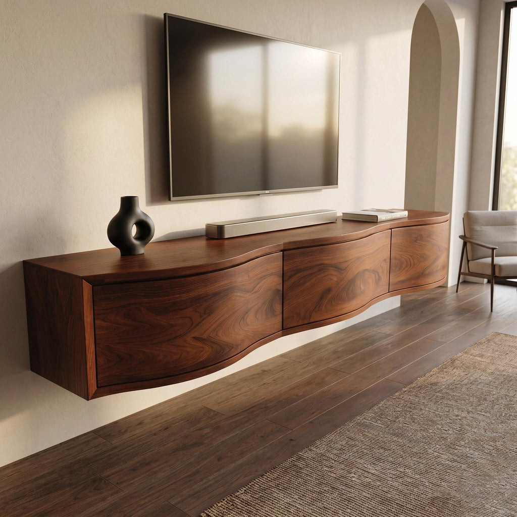 Modern Floating TV Stand Console, Handcrafted Wall Mounted Wooden Media Entertainment Shelf for Home Decor