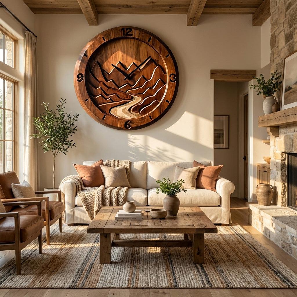 Rustic Wood Wall Clock, Mountain Landscape 3D Hand-Carved Nature Scene Wooden Clock for Living Room Wall Decor
