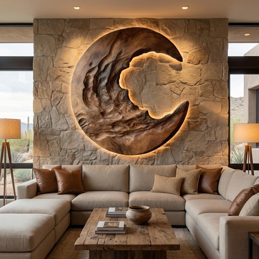 Organic Modern Crescent Wood Wall Art with Light, Lighted 3D Crescent Moon Sculpture for Living Room