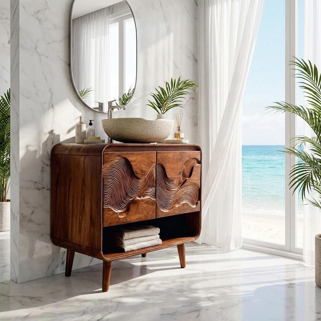 Spry Interior Coastal Solid Wood Bathroom Vanity, Floating Single Basin Sink Cabinet with Under-Sink Storage, Natural Oak Finish, RTTHHNBRV014