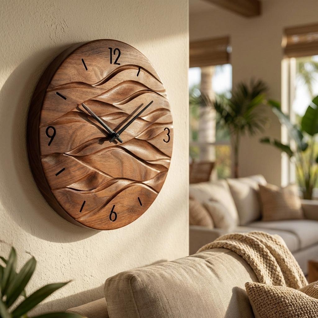 Organic Modern Wood Wave Wall Clock, 3D Hand-Carved Fluid Abstract Clock for Living Room & Bedroom Decor